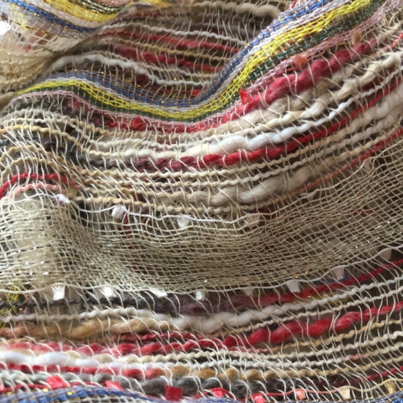 Woven Lurex Fringe Beige Multi Color Gold Silver Embellished Scarf 64” long - Picture 4 of 5